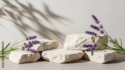 Minimalist natural stone pedestals with fresh lavender sprigs and soft shadows, ideal for elegant cosmetic and wellness product display.