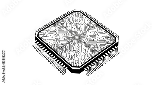 Complex Microchip Illustration of Modern Technology with Intricate Circuitry and Numerous Pins Representing Advanced Computing on White Background Vector