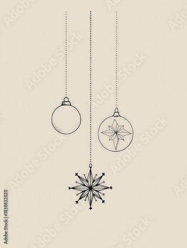 Dibujo de dos adornos navideños colgando, uno esférico y otro con un diseño de copo de nieve.