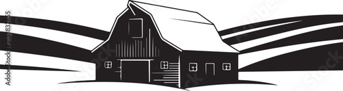 Black and white barn illustration with rolling hills