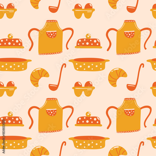 Baking time vector seamless pattern design with cute cartoon retro colorful illustration of different kitchen cooking equipment, tools, whisk, rolling pin, spoon, apron for recipe books, culinary blog