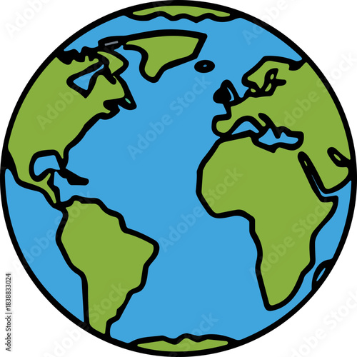 Stylized Hand Drawn Earth Globe With Continents Of North America South America Europe Africa And Asia In Blue And Green Colors On A Black Background