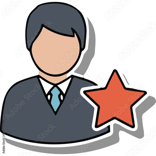 Stylized Icon of a Professional Male Figure in a Dark Suit with a Light Blue Tie Adorned with a Red Star Emblem Symbolizing Achievement or Recognition Against a Black Background