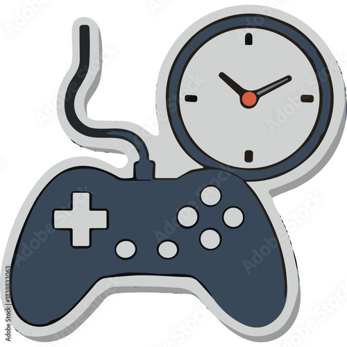 Stylized Icon of a Video Game Controller and a Clock Representing Gaming Time Management and Leisure Activities Against a Simple Light Gray Background