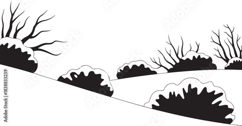 Black and white line drawing of snow covered bushes and bare trees