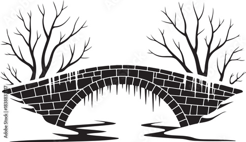 Black and white stone bridge with bare trees and icicles
