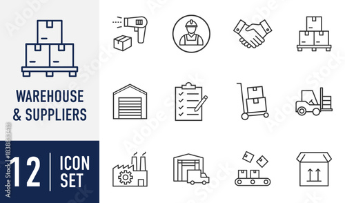 Warehouse and Suppliers line icons set. illustrating logistics, inventory, delivery, and supply chain management services Vector