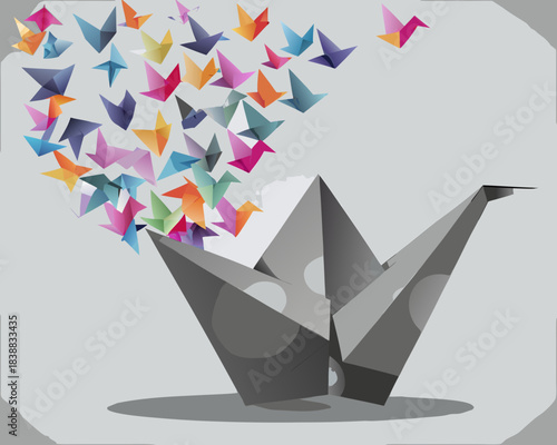 A flurry of colorful origami birds erupts from a folded paper crane