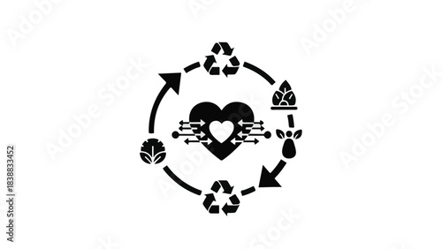 Eco friendly heart with recycling symbols in circular motion