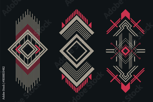 Geometric tribal decorative motifs in red and beige, modern abstract symmetrical line art elements with diamond shapes and linear patterns on a dark background for ethnic design