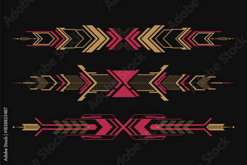 Geometric tribal arrow border elements in gold and red, modern abstract symmetrical line art dividers for decorative design, ethnic pattern accents, vector ornament shapes on black background