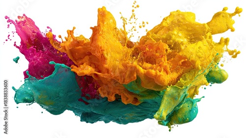 Stunning dynamic explosion of vibrant magenta yellow and teal liquid paint splashing powerfully against a clean white background