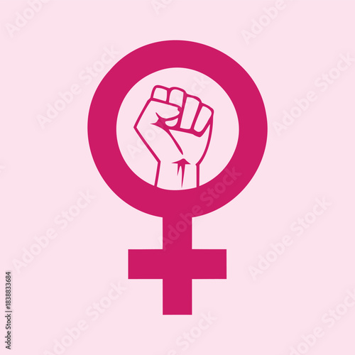 Feminist Symbol with Raised Fist Graphic for Women's Rights Activism on Pink Background