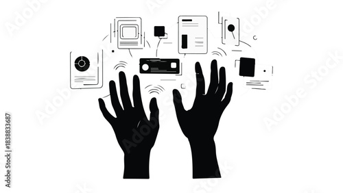 Hands surrounded by various media and technology icons