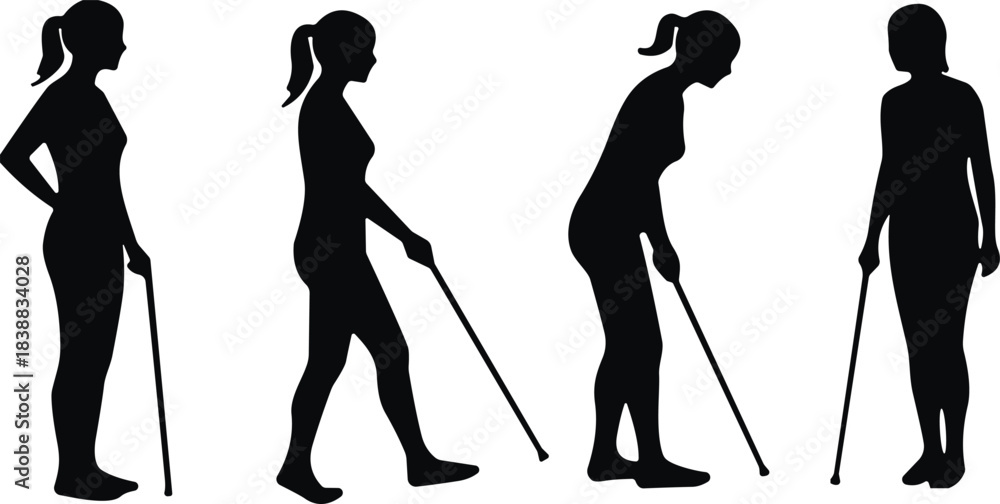 Obraz premium Silhouette collection of women walking with canes showing mobility assistance, disability support poses, rehabilitation walking figures, injury recovery and health illustrations