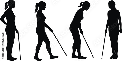 Silhouette collection of women walking with canes showing mobility assistance, disability support poses, rehabilitation walking figures, injury recovery and health illustrations