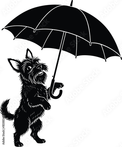 Cute dog silhouette holding umbrella standing upright vector illustration rainy day puppy graphic design element for prints decor projects and artwork