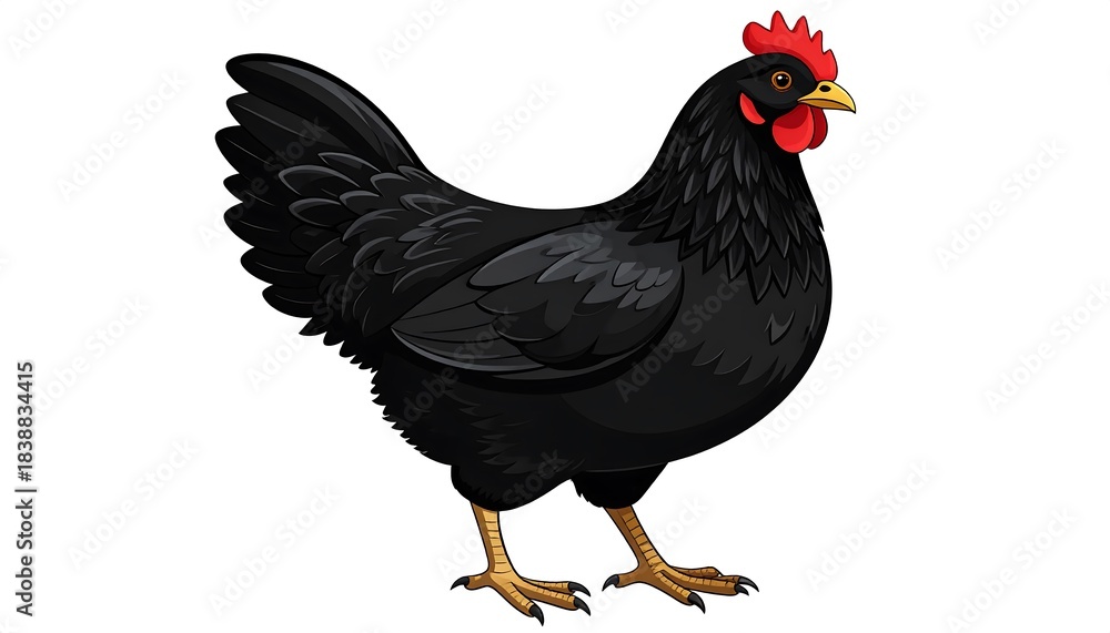 Fototapeta premium A cartoon depiction of a black hen in full profile against a plain white background