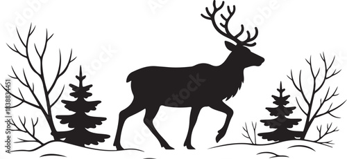Black silhouette of a stag walking through a snowy forest