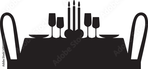 Black silhouette of a table setting with chairs dining