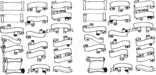 Vintage scroll banners collection, hand-drawn ribbon designs, antique parchment scrolls, decorative elements, classical banner set, historical graphic illustration