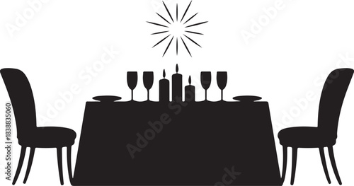 Black silhouette of dining table with candles and wine glasses