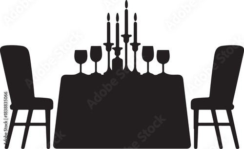 Black silhouette of dining table with chairs and candelabra