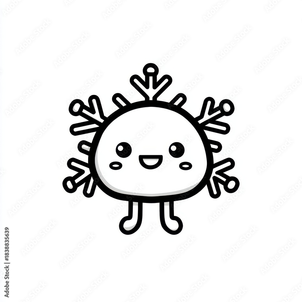 Fototapeta premium A cute, smiling snowflake character with arms and legs, featuring a round body and playful expression, ideal for winter-themed designs, Christmas doodled cliparts on white background