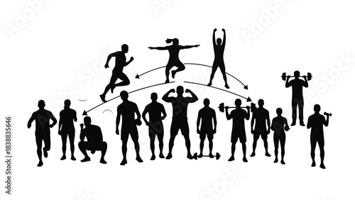 Diverse group of people exercising and playing sports in silhouette