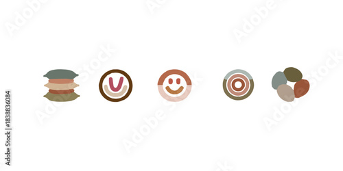 Abstract icons featuring stacked pillows smiley faces circles and stones