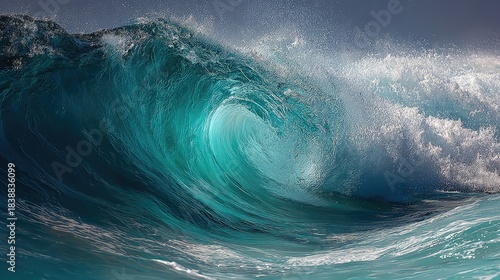 Stunning, powerful turquoise ocean wave cresting dramatically with brilliant white spray against a deep blue sky