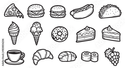Black and white food vector collection of pizza burger ice cream