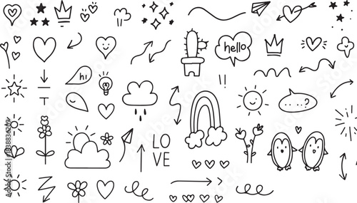 Hand drawn doodle vector set line art black and white