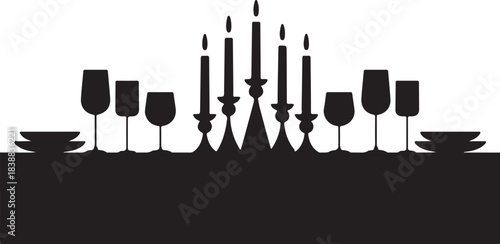 Black silhouette of table setting with candles and wine glasses