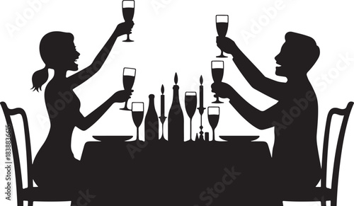 Couple toasting champagne at candlelit dinner table silhouette