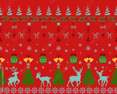 Seamless Christmas Knitted Pattern.Red Pixel Art Ugly Sweater Style with Reindeer, Trees, Bells and Snowflakes.