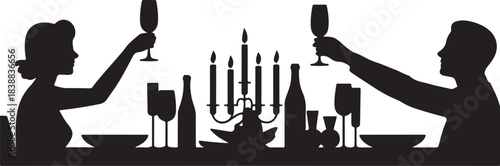 Couple toasting champagne at candlelit dinner table silhouette
