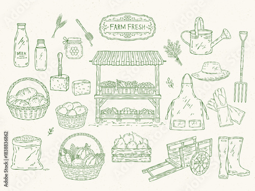 Vector line art set of farmers market elements: tools, accessories, and produce, drawn in a clean minimal outline style