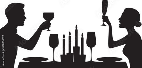 Couple toasting wine glasses at candlelit dinner silhouette