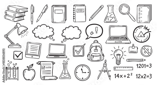 Back to school illustration with books laptop and science elements