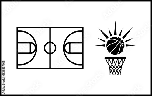 Basketball court and sunburst basketball silhouette over net silhouette