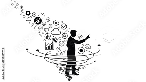 Silhouette of person surrounded by swirling icons and symbols