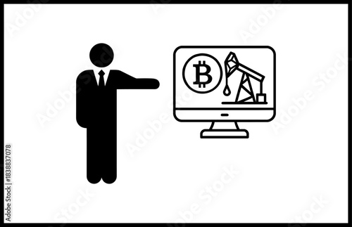 Businessman silhouette pointing at computer screen displaying bitcoin and oil rig silhouette