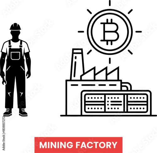 Worker standing near bitcoin mining factory with glowing cryptocurrency symbol silhouette