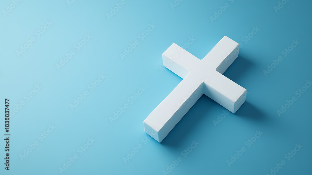 Obraz premium A pristine white cross symbol, simple yet profound, set against a calming blue background. Symbolizes faith, hope, and love, offering solace and inspiration to all.