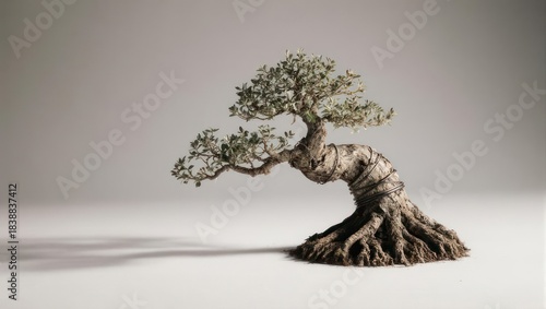 Miniature Bonsai Tree with Twisted Trunk and Sparse Foliage.