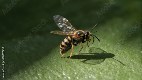 Close-up of a Wasp on a Green Leaf in Sunlight.