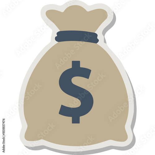 Stylized illustration of a tan money bag with a dark blue dollar sign and a dark blue band around the top on a white background
