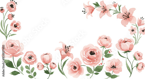 Watercolor pink floral border, delicate roses and lilies. Hand-painted botanical illustration for wedding invitations, greeting cards, elegant design concepts. Offers soft, natural aesthetic, creative