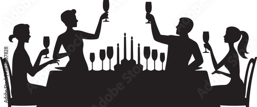 Silhouettes of people celebrating at a dinner party with champagne